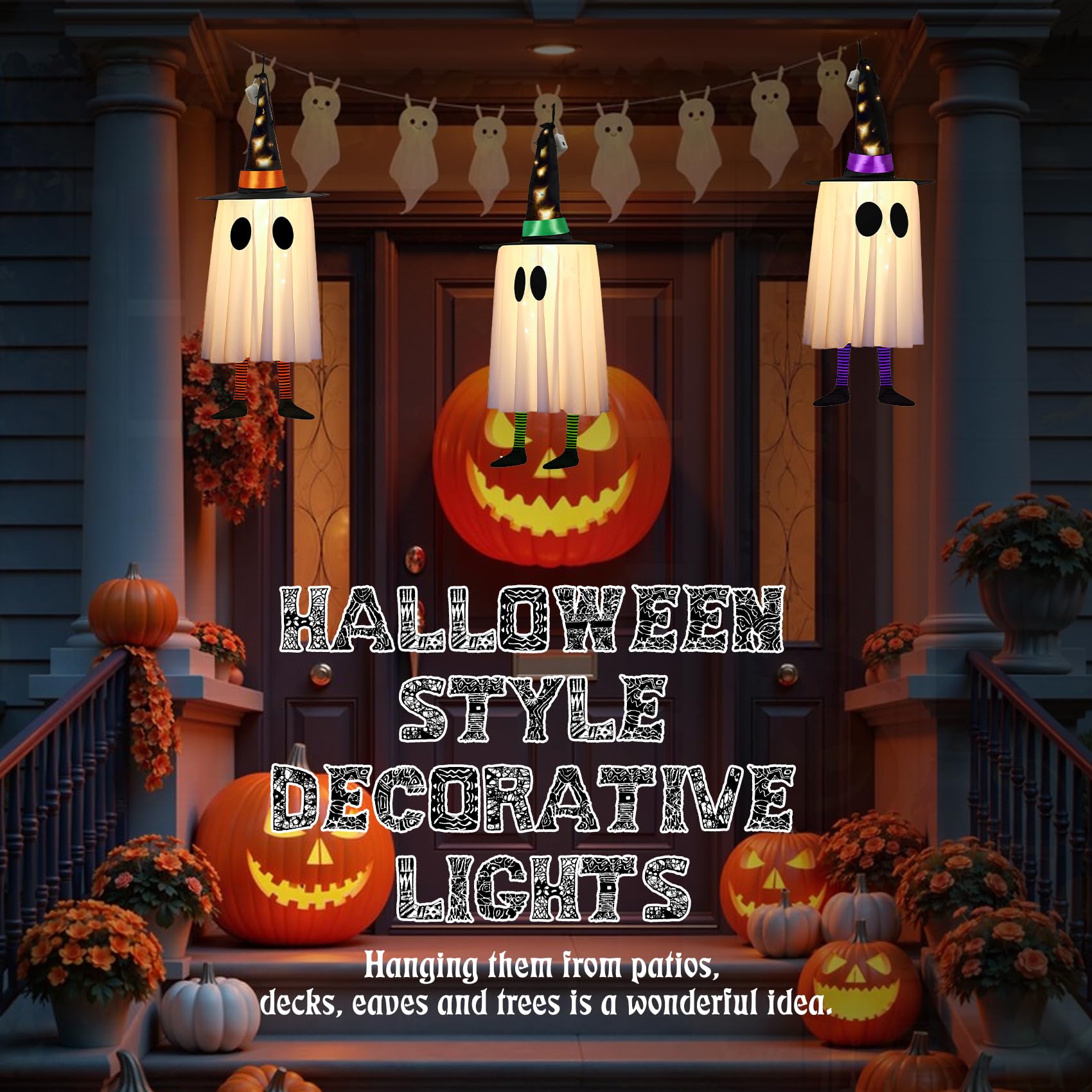 Halloween Decorations Outdoor,Set of 3 Halloween Hanging Decor with Cone Caps, Multiple Lighting Effects, Cute Lighted Glowing Spirits Pointed Hat for Yard Tree Porch Party Decor