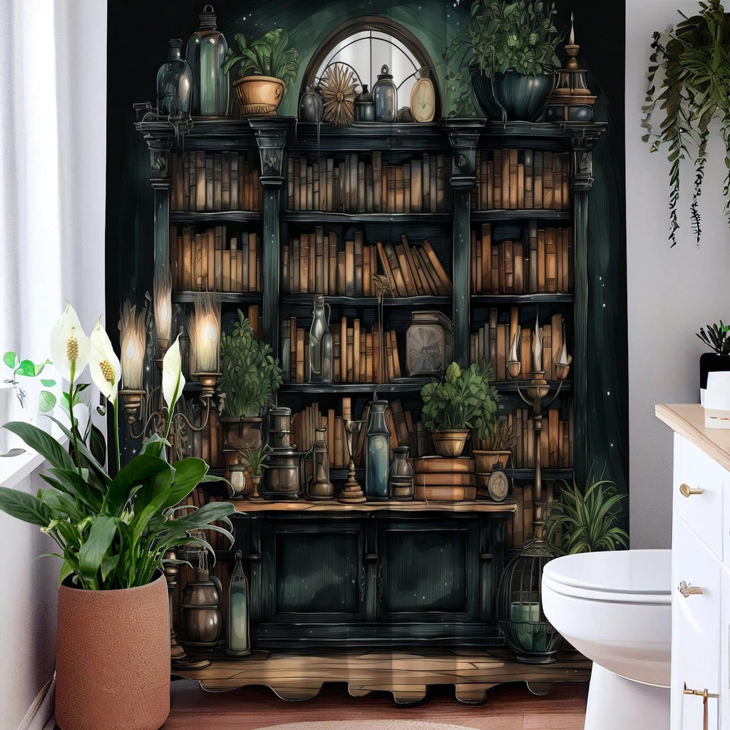 TSLOVER Gothic Bookshelf Shower Curtain for Bathroom Decor,Witchy Dark Academia Shower Curtains with Plant and Bookshelf Decor,Funny Waterproof Polyester Bath Curtains,72x72 Inch