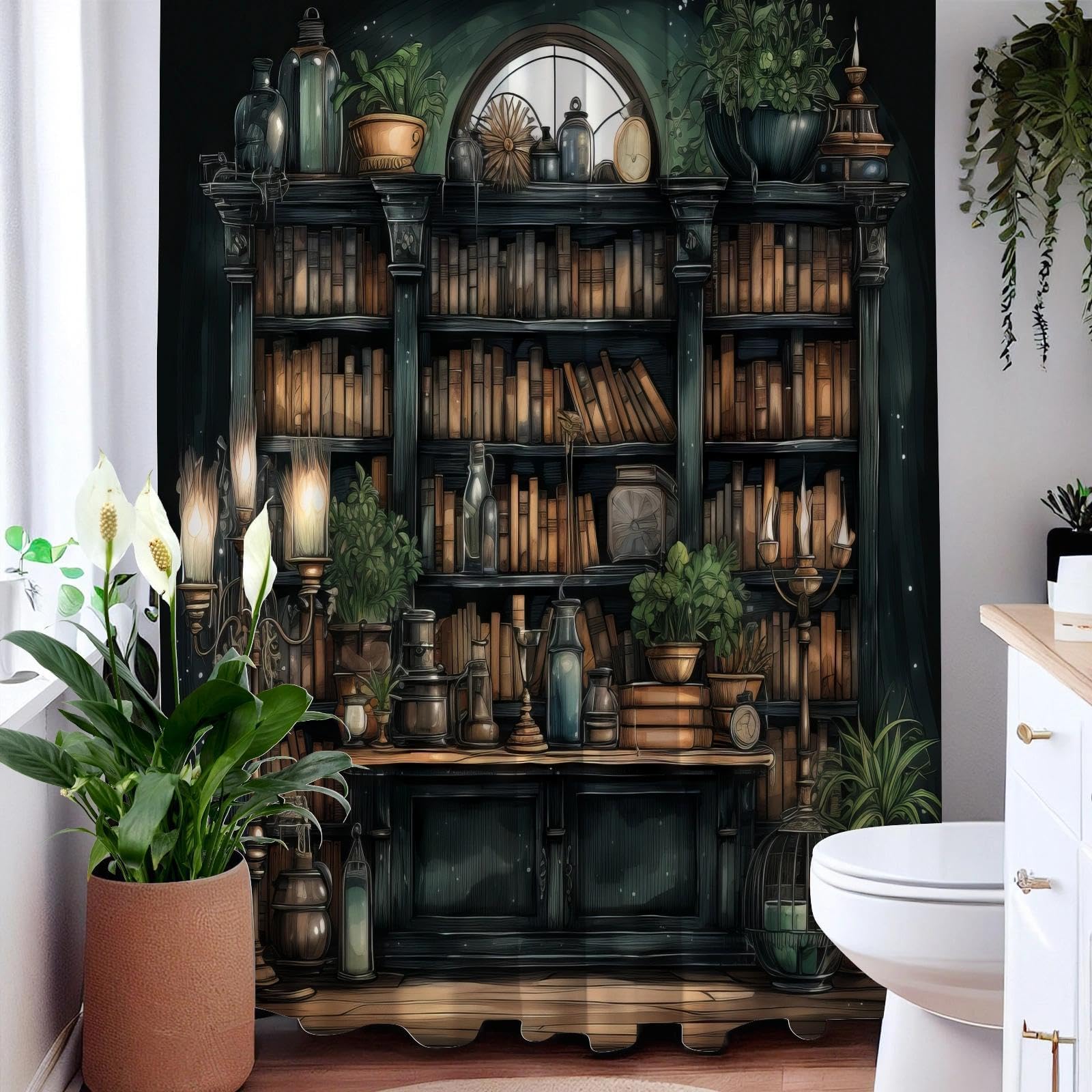 TSLOVER Gothic Bookshelf Shower Curtain for Bathroom Decor,Witchy Dark Academia Shower Curtains with Plant and Bookshelf Decor,Funny Waterproof Polyester Bath Curtains,72x72 Inch