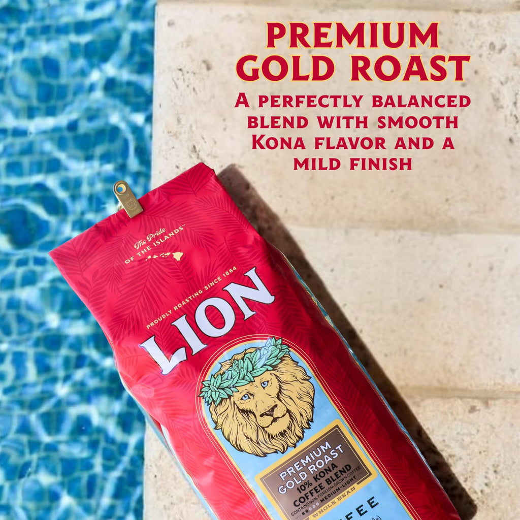 Lion Coffee Premium Gold Roast, 10% Kona Coffee Blend, Medium-Light Roast, A Taste of Aloha - Ground, 24 Ounce Bag