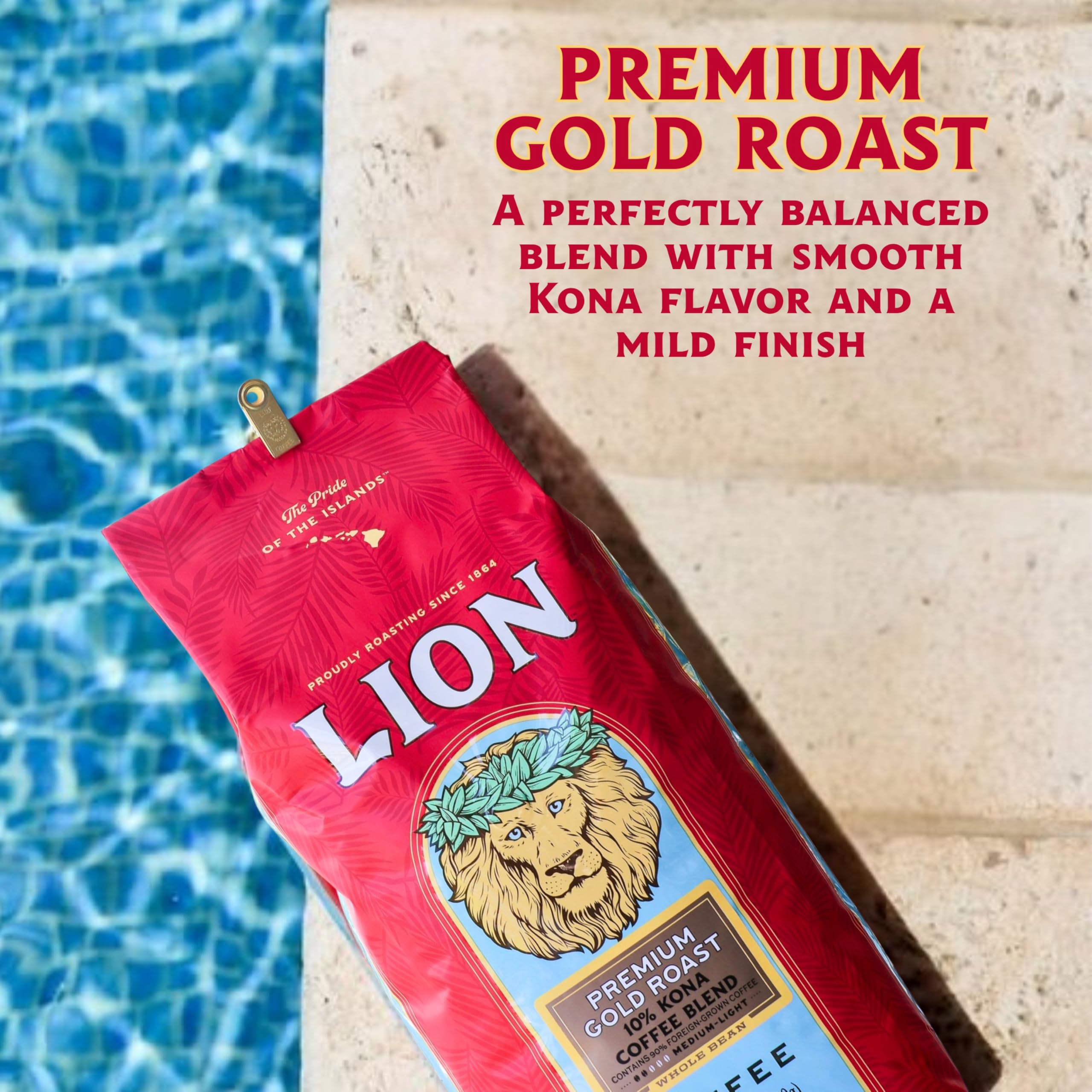Lion Coffee Premium Gold Roast, 10% Kona Coffee Blend, Medium-Light Roast, A Taste of Aloha - Ground, 24 Ounce Bag