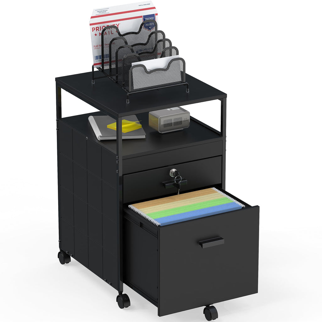 SHW Box File Rolling Mobile Cabinet with Open Shelf and Lockable Drawer, Black