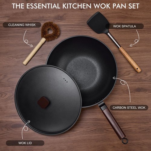 Teewe Carbon Steel Wok Pan - 13" Wok Pan with Lid, Woks & Stir-Fry Pans Nonstick with Spatula & Brush, Chinese Wok Flat Bottom Wok for Induction, Electric, Gas, All Stoves