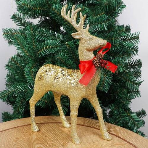 Juegoal Glitter Golden Reindeer Figurines - Set of 2 Christmas Tabletop Decorations | 12.6" Plastic Ornaments