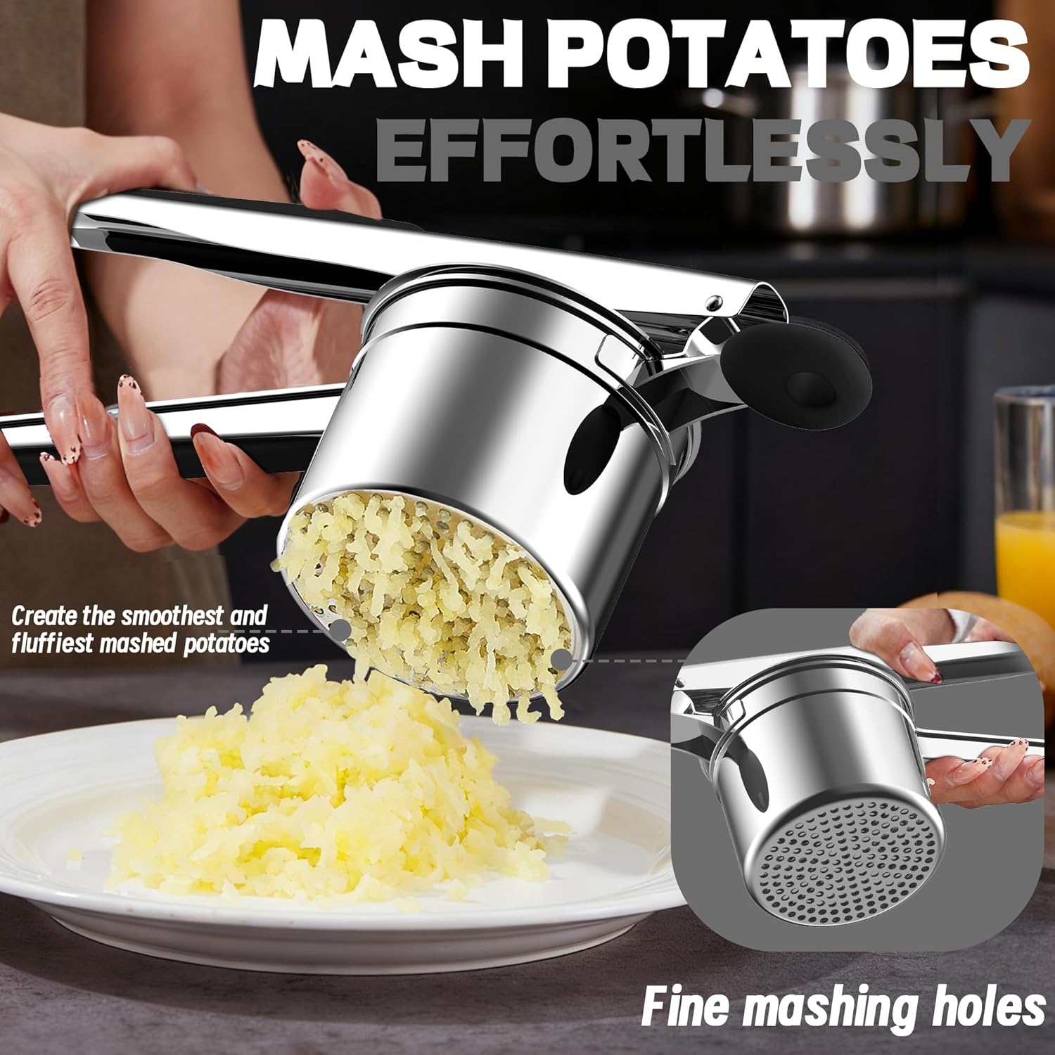 Skiennix Large 15oz Potato Ricer - Heavy Duty Stainless Steel Masher for Baby Food & Spaetzle | Black