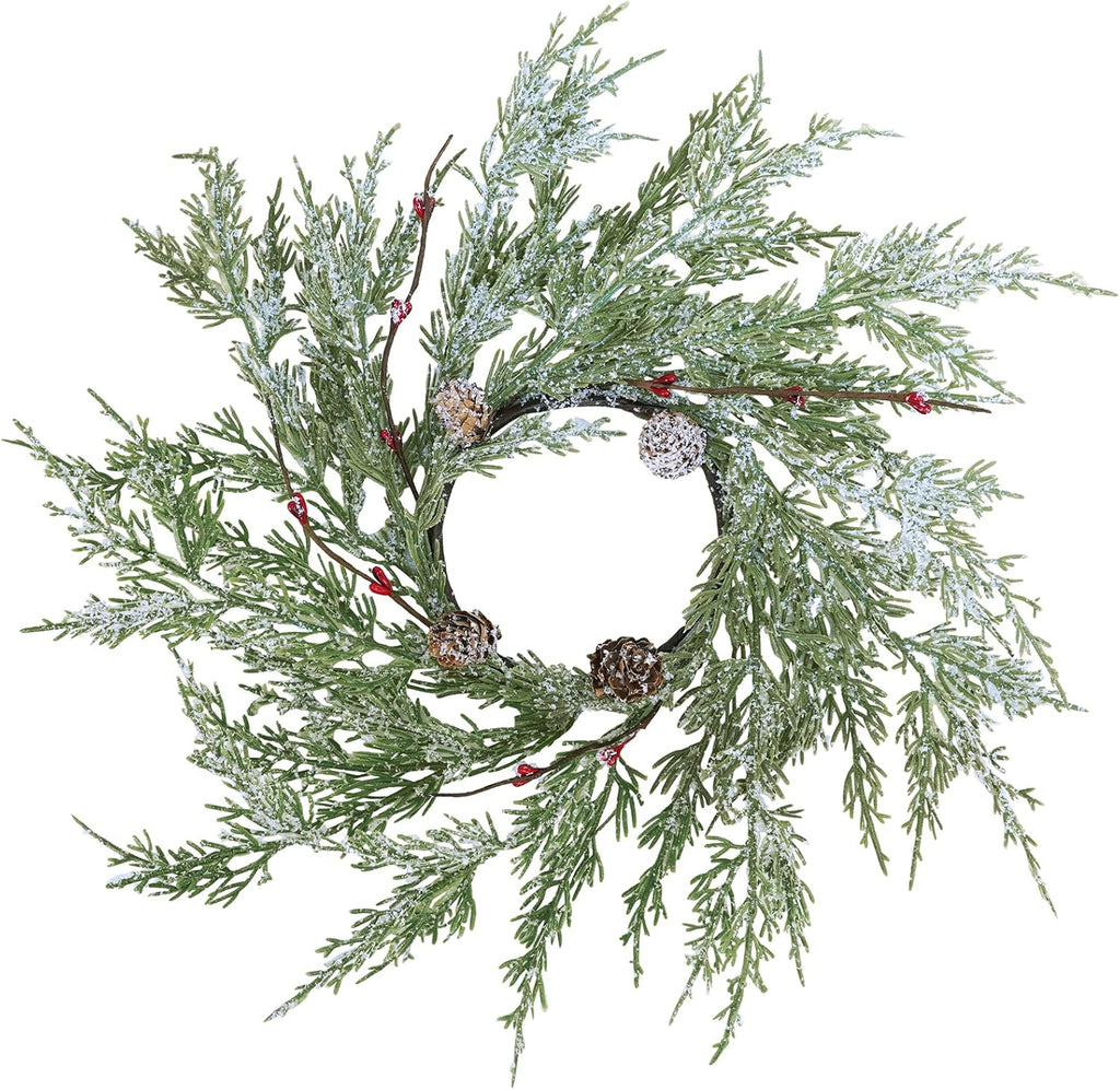 Winlyn Artificial Snowy Cedar Pine Candle Rings - 4 Pcs Mini Winter Wreaths with Pine Cones & Red Berries | 15.7" Wide for Festive Holiday Décor