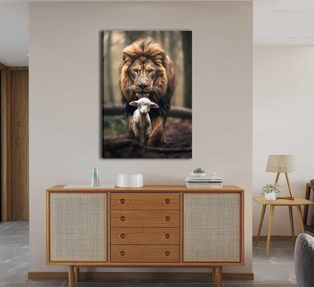 Skiennix Framed Lion and Lamb Canvas Wall Art - Christian Jesus Poster for Living Room & Bedroom Decor