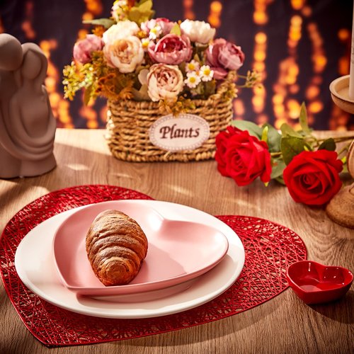 Jinei 16 Pcs Valentine‘s Day Tableware Set Include Large Pink Heart Ceramic Flat Plates White Dinner Ceramic Plates Red Heart Dish Bowls and Place Mats for Wedding Anniversary Party Decorations