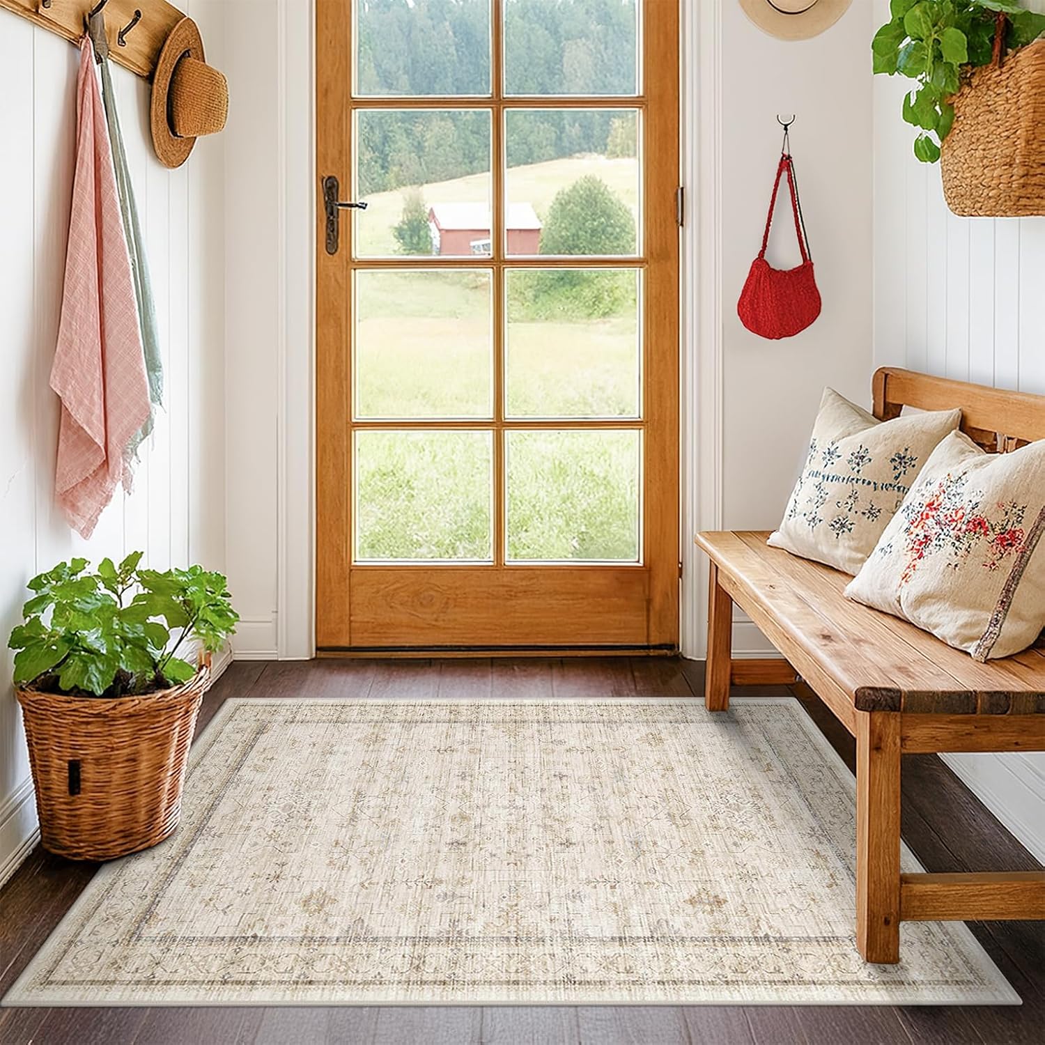 Vintage 3x4 Beige Indoor Rug - Geometric Pattern, Washable Non-Slip Design for Modern Farmhouse Décor