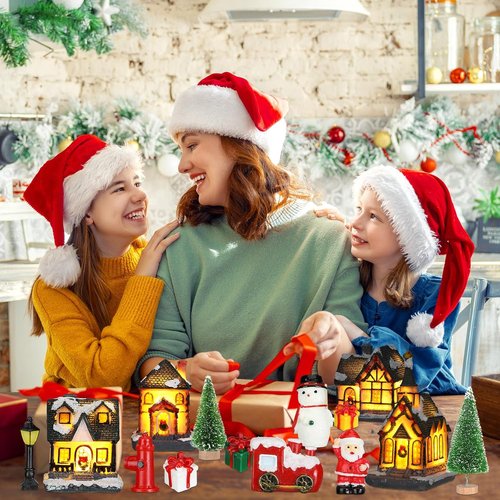 Liliful Christmas Village House Set - 46 Pcs LED Lighted Resin Figurines for Holiday Decor | Rustic Xmas Scene