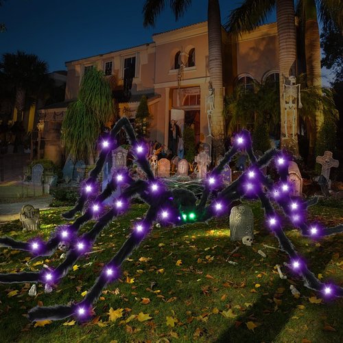 BEIGUO 6.6Ft Halloween Light Up Giant Spider,Scary Large Hairy Spider with Green Lighted Eyes for Yard Lawn Halloween Outdoor Decorations,Indoor Party Decor,Black