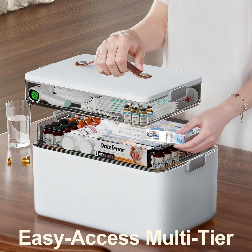 Spreezy 3-Tier Medicine Organizer - Clear Compartment Storage Box with Handle for Pills & Bandages