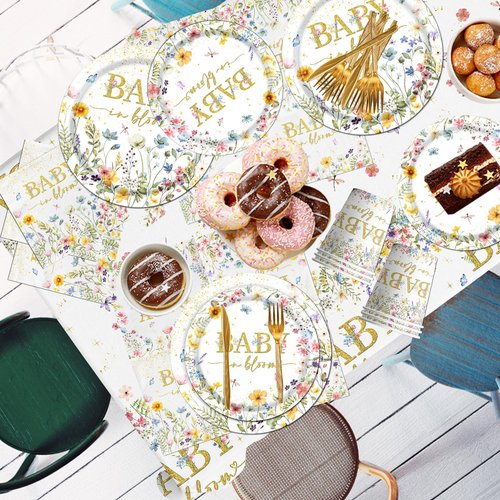 178Pcs Baby in Bloom Baby Shower Decorations-Wildflower Paper Plates and Napkins Kit Girls Floral Baby Shower Dinnerware Serves 24