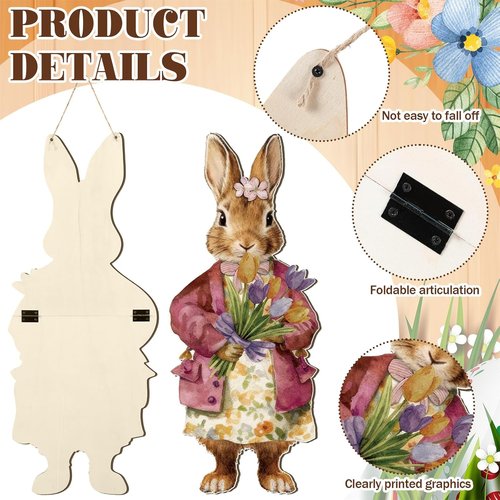Anglechic Large Easter Bunny Door Sign - 12.1 x 29.3 Inch Wooden Decor with Floral Carrot | Farmhouse Style for Front Door