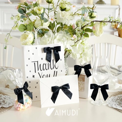 AIMUDI Black Satin Bows - 3.5" Premade Twist Tie Bows for Gift Wrapping & Party Decor | 50 Pack