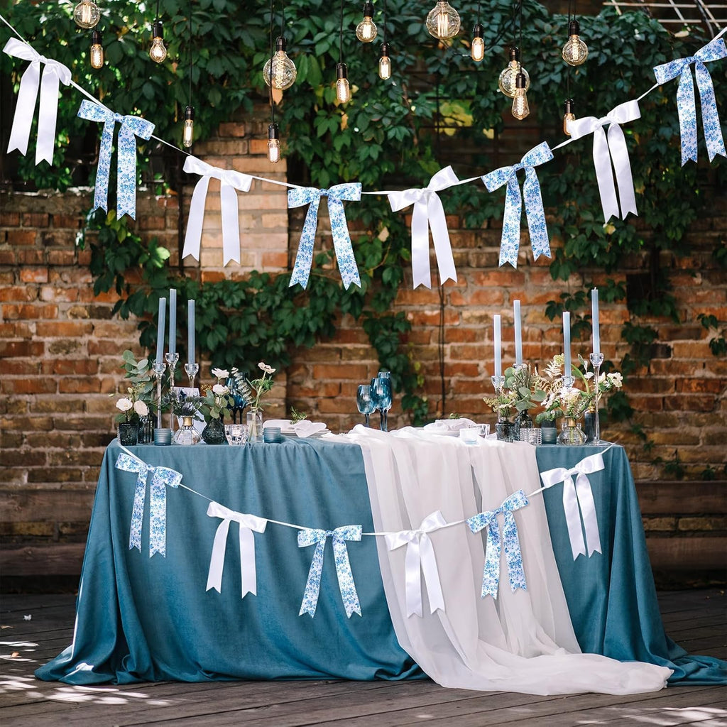 Skiennix Vintage Floral Bow Garland - 6.65 Ft Blue & White Satin Ribbon Banner for Weddings & Parties