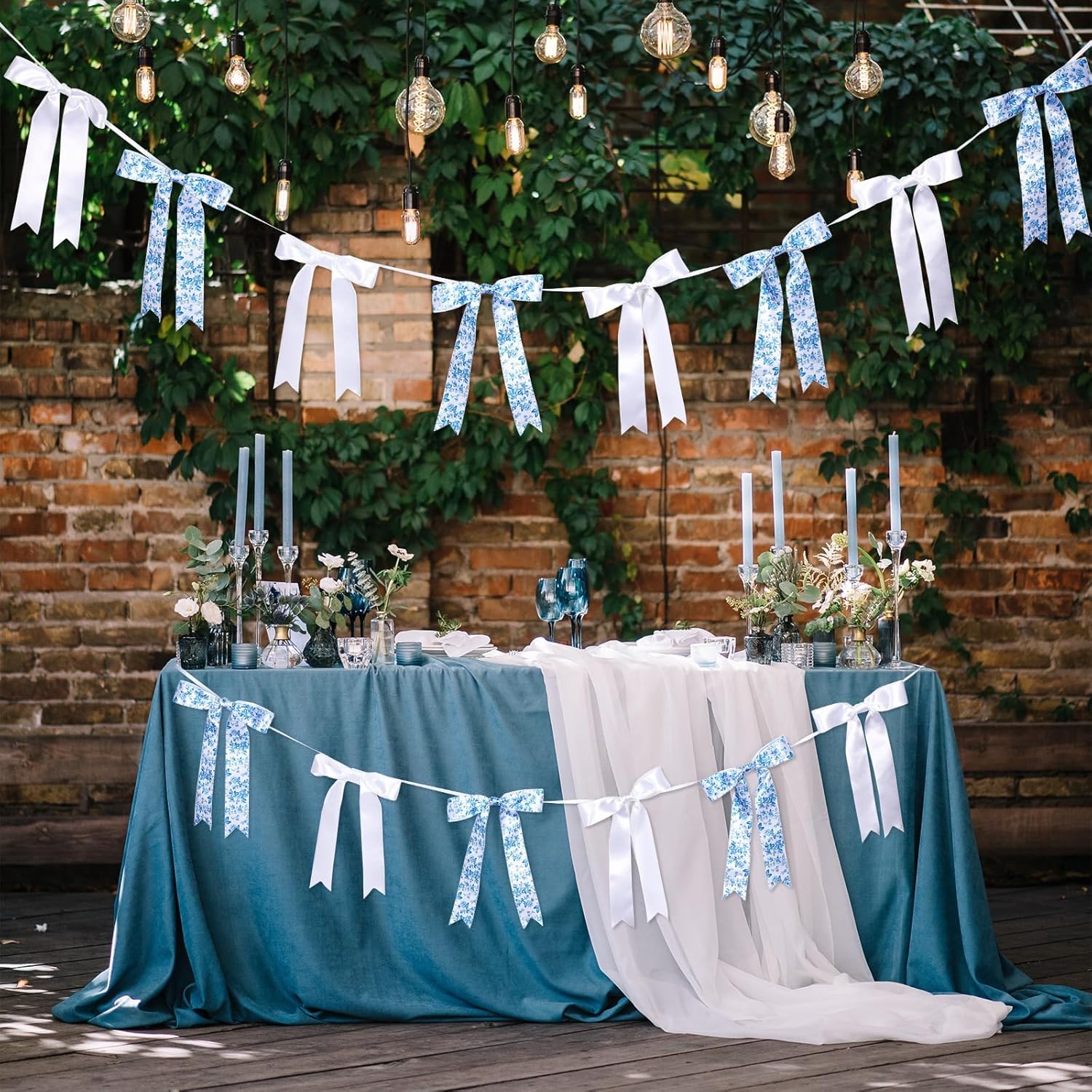 Skiennix Vintage Floral Bow Garland - 6.65 Ft Blue & White Satin Ribbon Banner for Weddings & Parties
