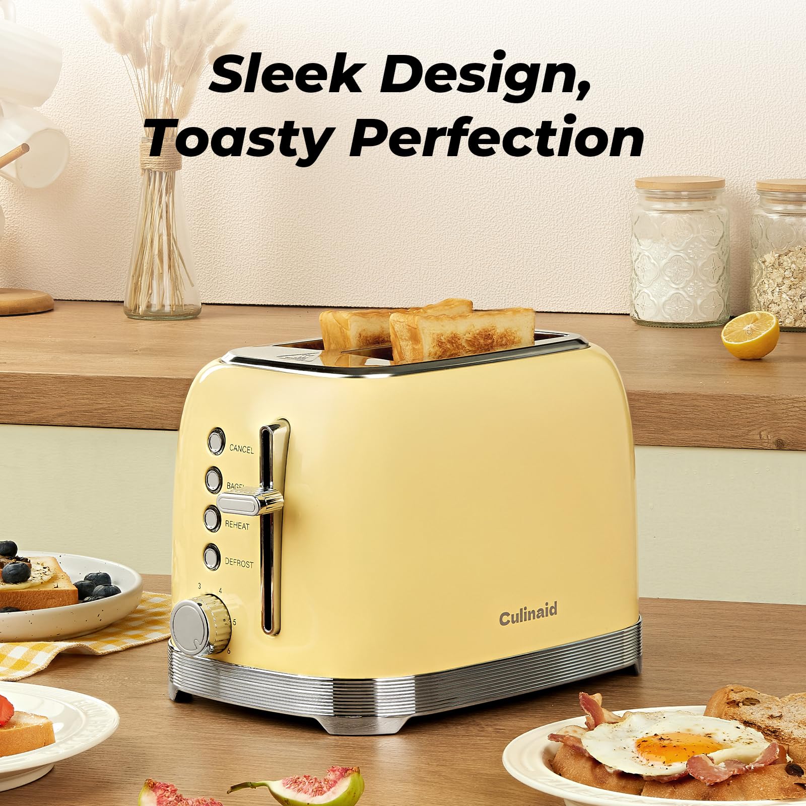Culinaid Toaster 2 Slice Retro Stainless Steel with 1.5” Extra Wide Slots Bagel, Defrost, Reheat, Cancel Functions, 6 Bread Shade Settings, Removable Crumb Tray, Yellow