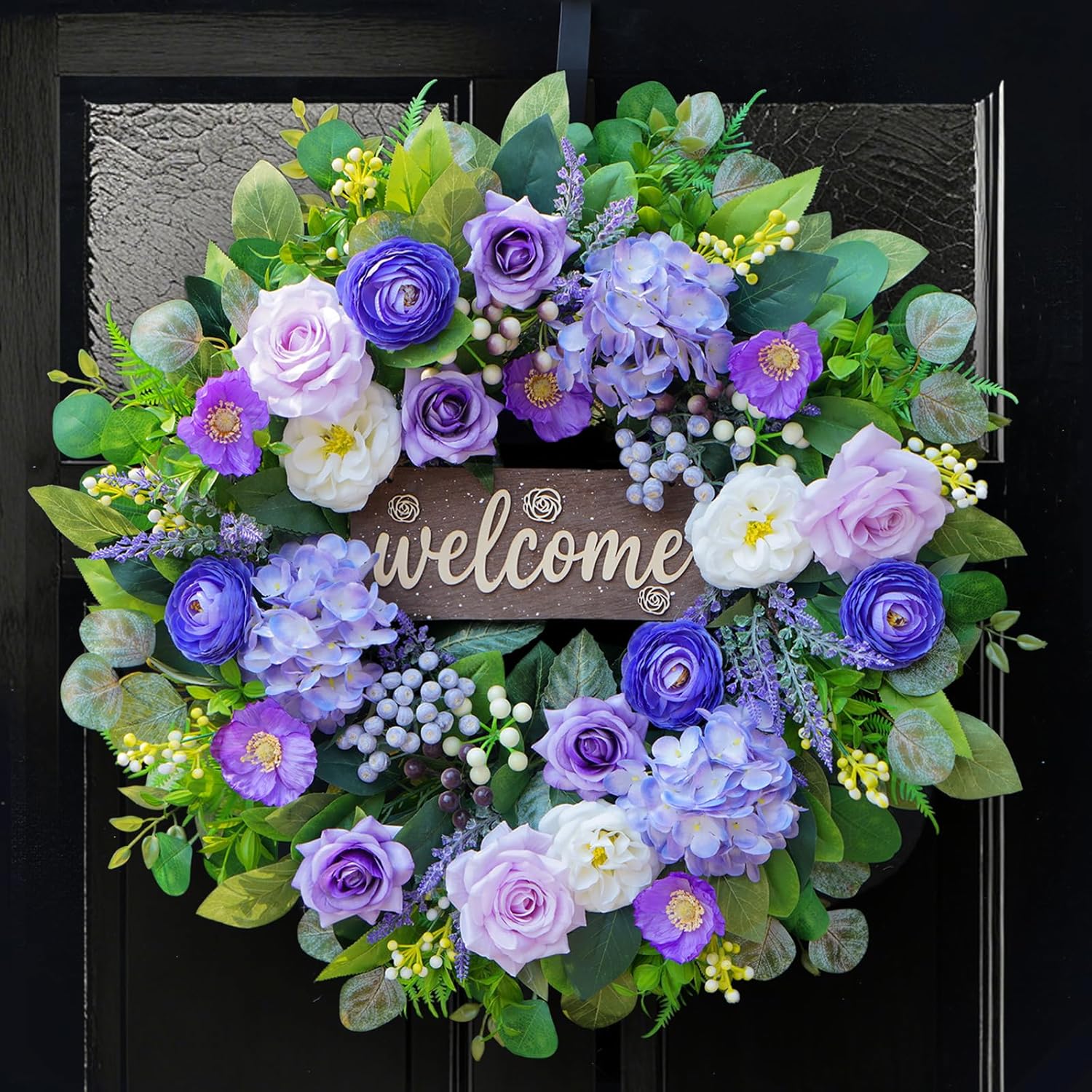 Skiennix 24-Inch Spring Wreath - Luxury Purple Floral Design with Welcome Sign | Roses, Hydrangeas & Eucalyptus for Outdoor Decor