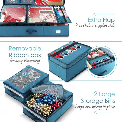 Hearth & Harbor Holiday Storage Bins - Fade Resistant Wrapping Paper Containers with Wheels | Fits Up to 30 Rolls (Pack of 2)