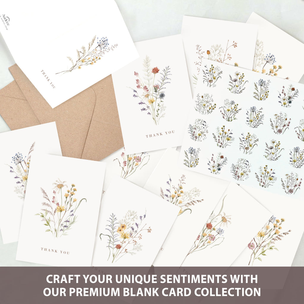 AUDREE Wildflower Thank You Cards with Envelopes (50 Pack 3.5" x 5.2") – Floral Thank You Notes with Adhesive Envelopes & Matching Stickers for Weddings, Baby & Bridal Showers