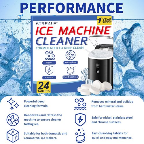 STREALE Ice Machine Cleaner Maker and Descaler - 24 Ice Maker Cleaner Tablets Compatible with All Major Brands, Nickel Safe Descaler Countertop Portable Commercial Icemaker Cleaning Solution