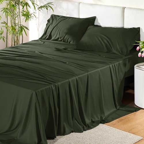 Bedsure Queen Sheet Set - Cooling Bamboo Rayon Sheets | Breathable & Soft, Deep Pocket Up to 16 Inches, Olive Green