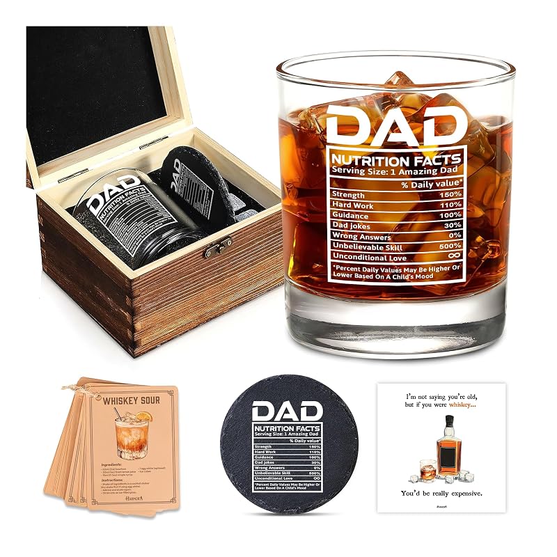 Dad Nutrition Facts Whiskey Gift Set in Wooden Box – 11oz Glass, Coaster, Recipe Cards – Variation of THIS listing