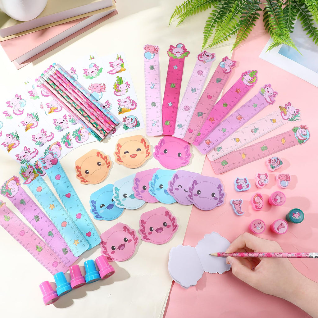 Cholemy 168 Pcs Axolotl Party Favors Axolotl Themed Pencils Notepads Stampers Rulers Erasers Stickers Bags Salamander Stationary School Supplies Kit for Valentines Day Gift Goodie Bag Piñata Filler