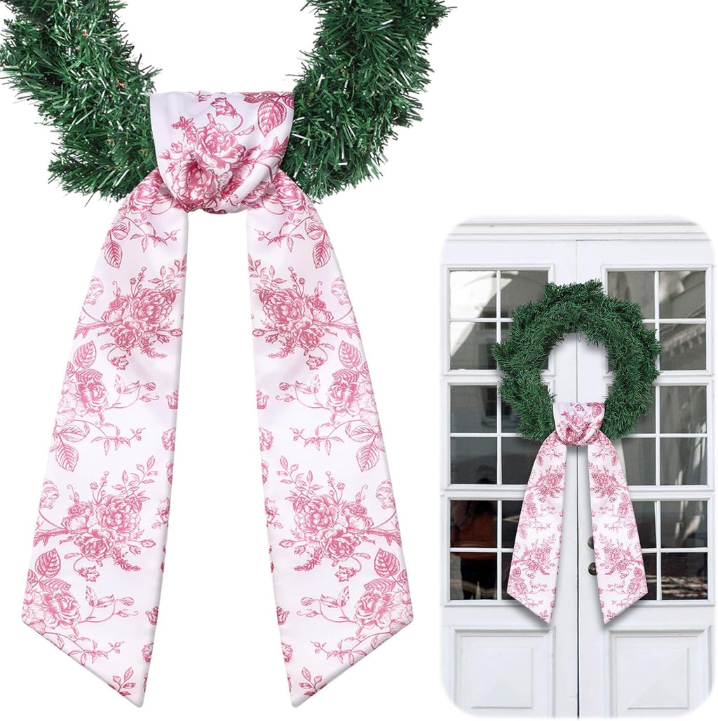 VitalCozy Red Floral Wreath Sash - Elegant Satin Ribbon for Monogrammed Embroidery | Indoor/Outdoor Decor