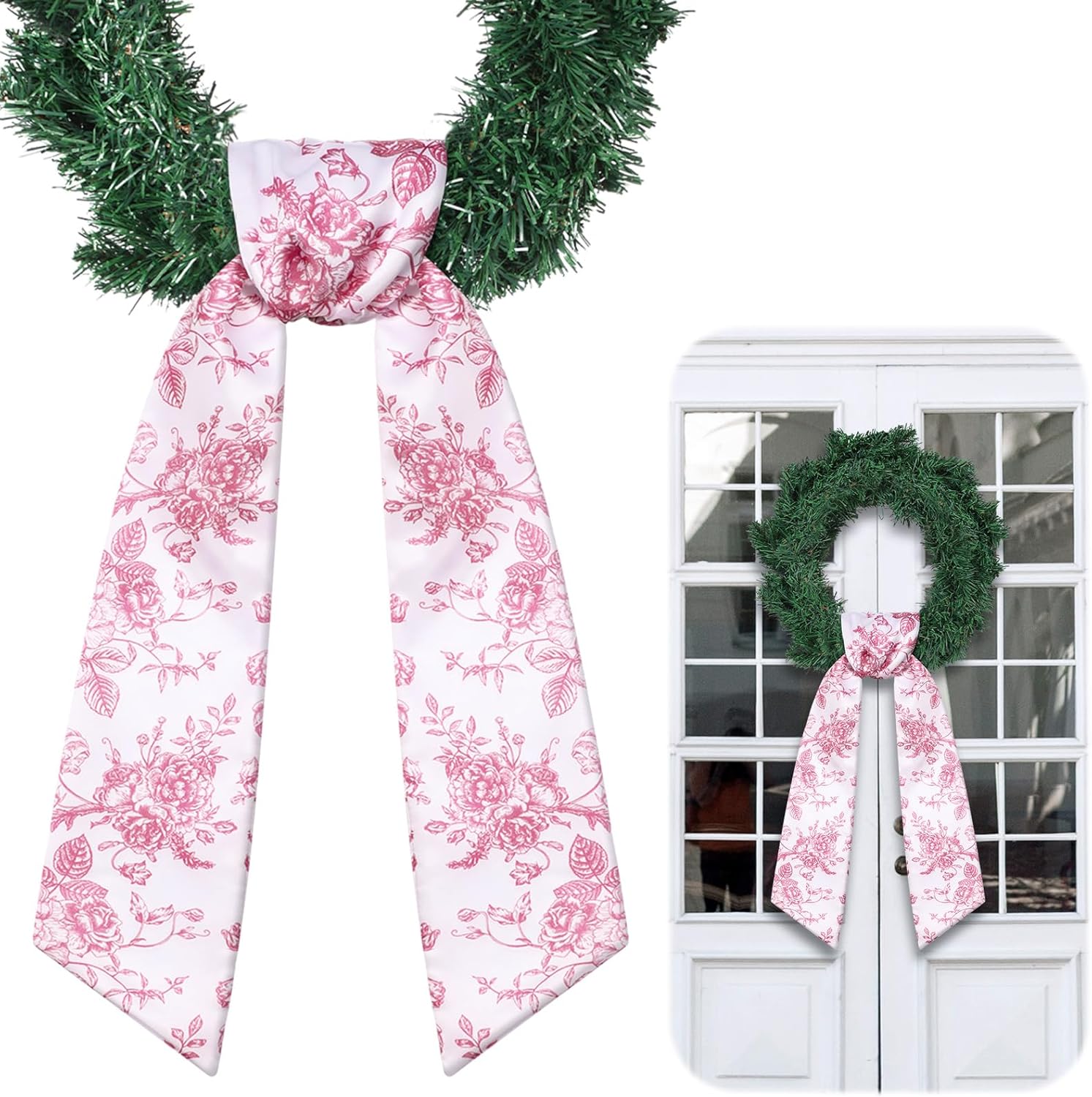VitalCozy Red Floral Wreath Sash - Elegant Satin Ribbon for Monogrammed Embroidery | Indoor/Outdoor Decor