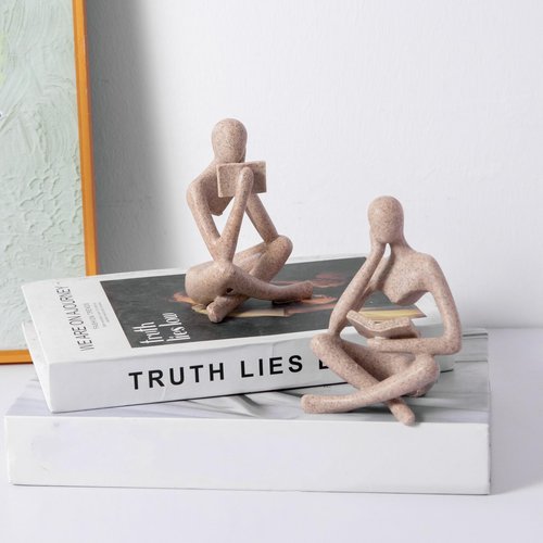 Reading Thinker Statue, Sculptures Abstract Art Ornament, Modern Aesthetic Figurine Decoration Set of 2 Status for Home Living Room Bedroom Office Shelf Table Desk Bookshelf Decor (Sandstone)
