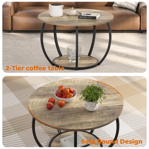 GreenForest Round Coffee Table with 2-Tier Open Storage, 27.6 inch Small Circle Coffee Tables with Adjustable Feet, Modern Mini Center Table for Small Living Room, Grey Wash