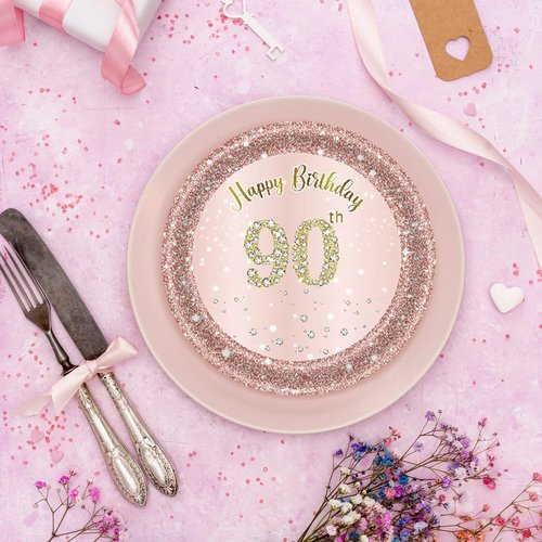Fitoyplak 90th Birthday Decorations,50Pcs 7" 90th Birthday Paperplates,Rose Gold 90 Years Party Tableware Cake Plates,for Happy 90th Anniversary Party Decorations Supplies
