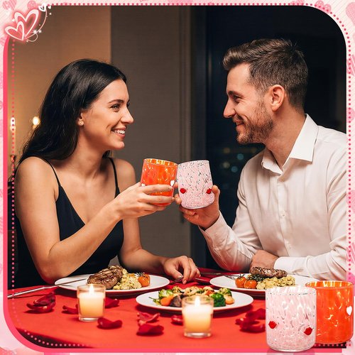 Willinglong 2 Pcs Valentine's Day Icon Juice Glass 16 Ounce Heart and Lip Themed Drinking Cocktails Glasses for Party, Pink Red Cute Double Old Fashioned Reusable Cups for Home Bar Decor Lovely Gift