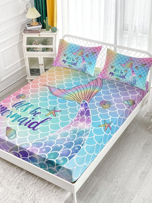 Datura home 4Pcs Kids Fitted Sheet and Flat Set Rainbow Scales Mermaid Printed Pattern Bedding with 1 + 2 Pillowcases for Boys Girls (Rainbow Twin), 67x97 Inches