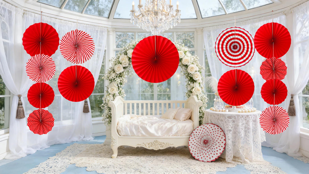 FHMUYDK 12 PCS Red Paper Fans,Round Hanging Pattern Paper Garlands Fan Party Decorations for Wall Decor Birthday Wedding BBQ Baby Shower Pizza Party Home Decor