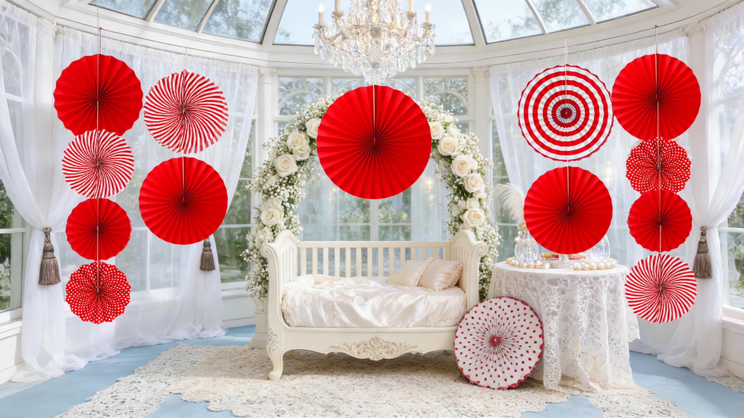 FHMUYDK 12 PCS Red Paper Fans,Round Hanging Pattern Paper Garlands Fan Party Decorations for Wall Decor Birthday Wedding BBQ Baby Shower Pizza Party Home Decor