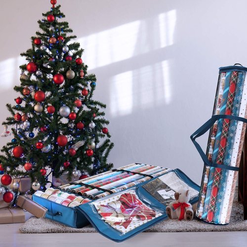 Hearth & Harbor Wrapping Paper Storage Container - Tear-Proof Christmas Bag for 36 Rolls - Blue