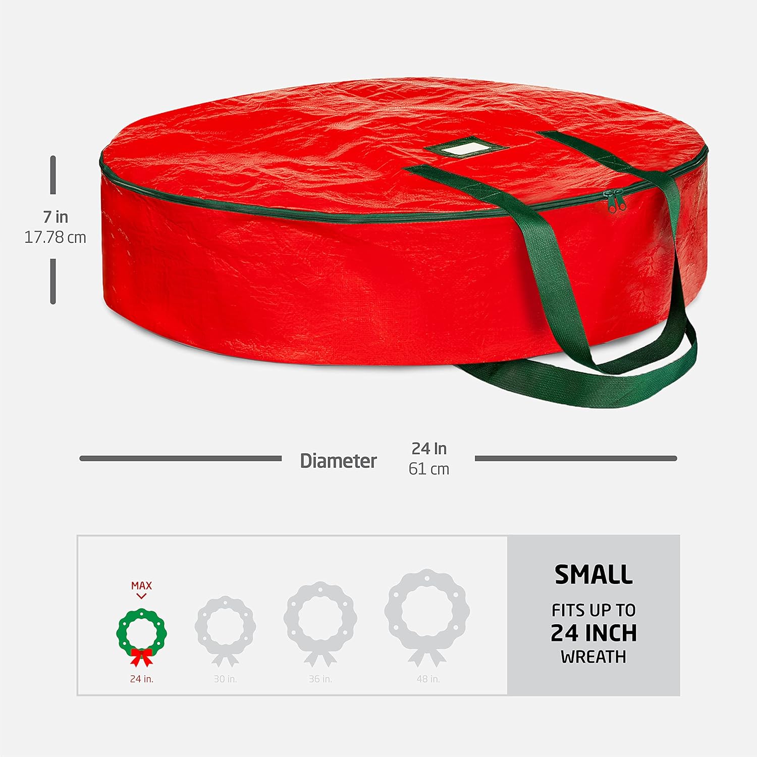 ZOBER Christmas Wreath Storage Container - 24 Inch Dual-Zippered Bag with Durable Handles - Red