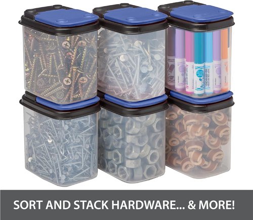 Buddeez Multi-Purpose Hardware Storage Bins - Clear Organizers with Blue Stackable Lids | 1 Quart, 8 Pack