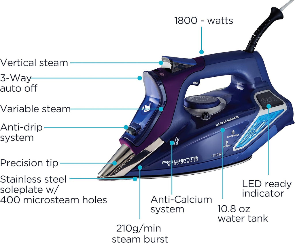 Rowenta Steam Force Iron - 1800 Watts Stainless Steel Soleplate with 400 Microsteam Holes | Precision Tip for All Fabrics