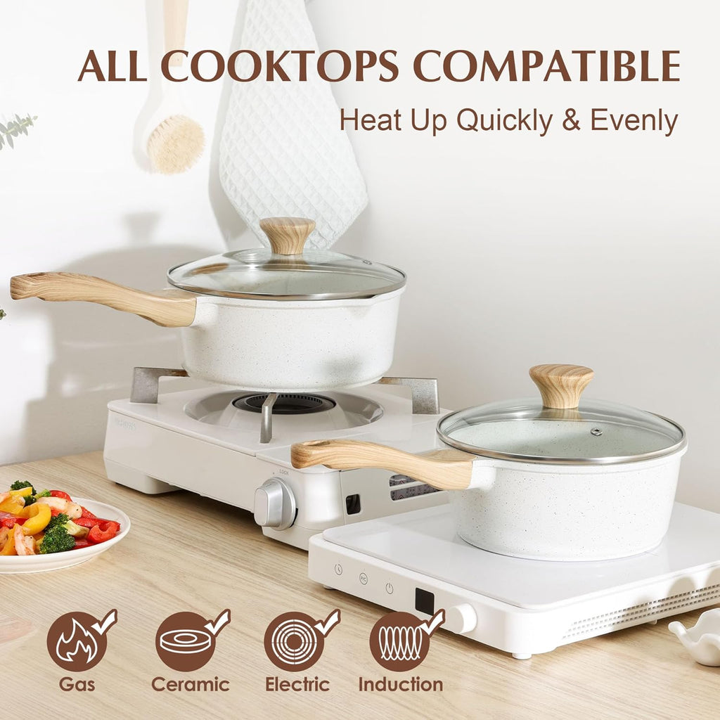 SENSARTE Nonstick White Ceramic Saucepan Set - Induction Compatible Cooking Pots with Stay Cool Handles | 2.0QT & 2.5QT