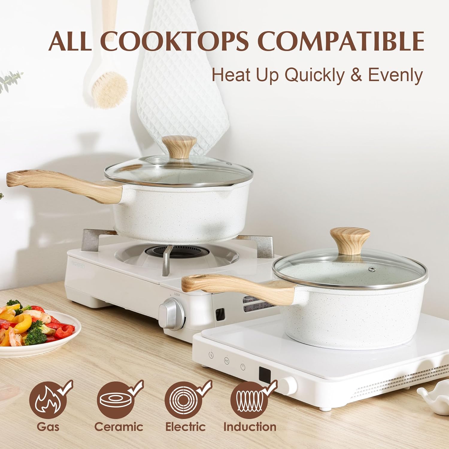 SENSARTE Nonstick White Ceramic Saucepan Set - Induction Compatible Cooking Pots with Stay Cool Handles | 2.0QT & 2.5QT