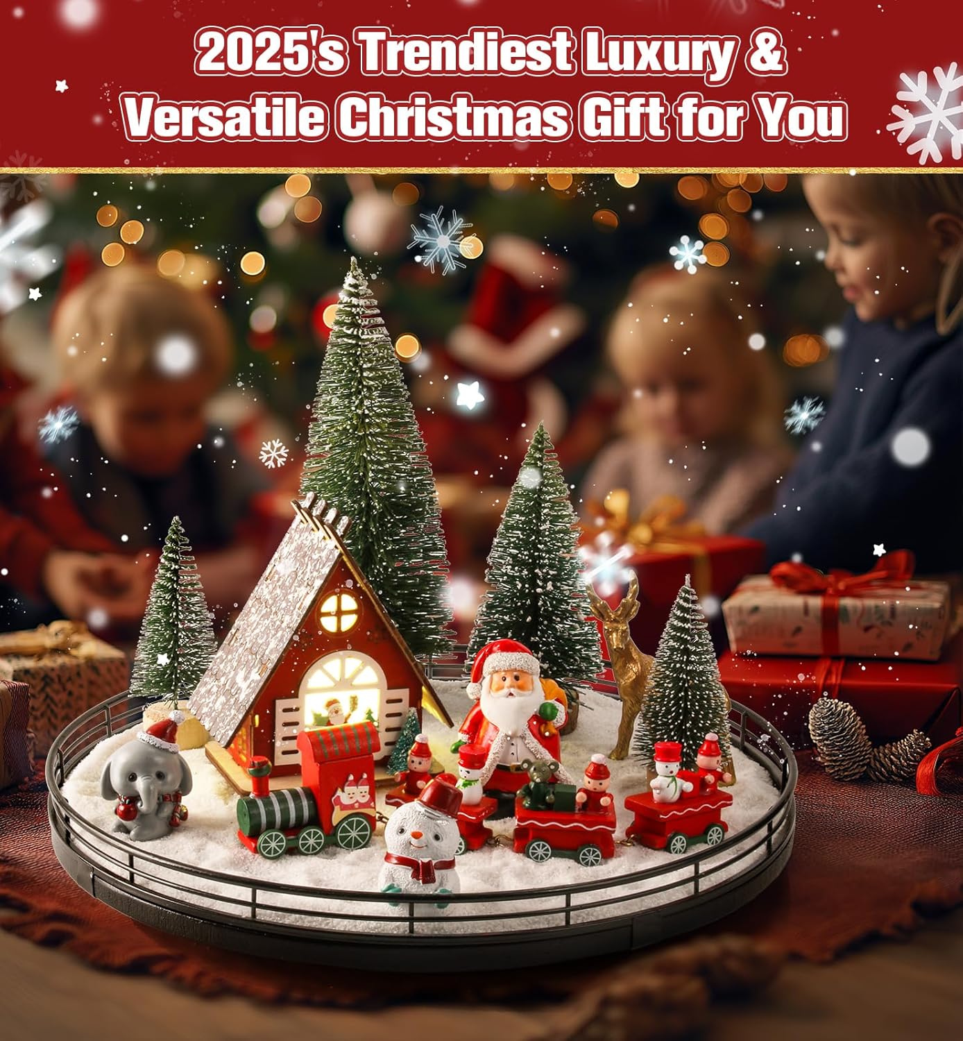 Oroyutor Christmas Village Set - 12 Pcs 13" Oak Wooden Lazy Susan with Santa Train & Trees | Holiday Table Decor
