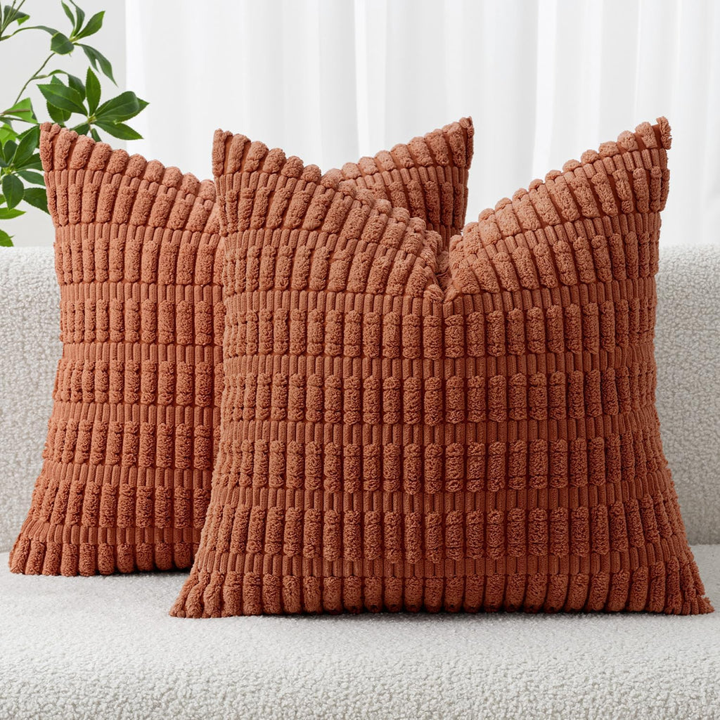 MIULEE Decorative Pillow Covers - Soft Dark Rust Corduroy, Boho Striped | 16x16 Inch for Modern Farmhouse Decor