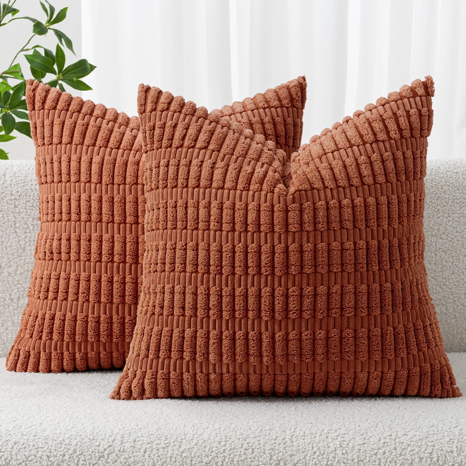 MIULEE Decorative Pillow Covers - Soft Dark Rust Corduroy, Boho Striped | 16x16 Inch for Modern Farmhouse Decor