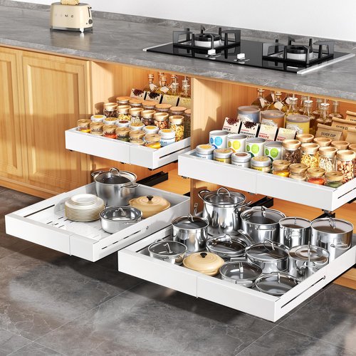 2 Pack Pull out Cabinet Organizer, Expandable Width(14"-24"), Depth(13"-24") with 3 Rails, Slide Out Drawers With Raising Pad for Framed Cabinets, with Adhesive Film for Cabinets in Kitchen, White