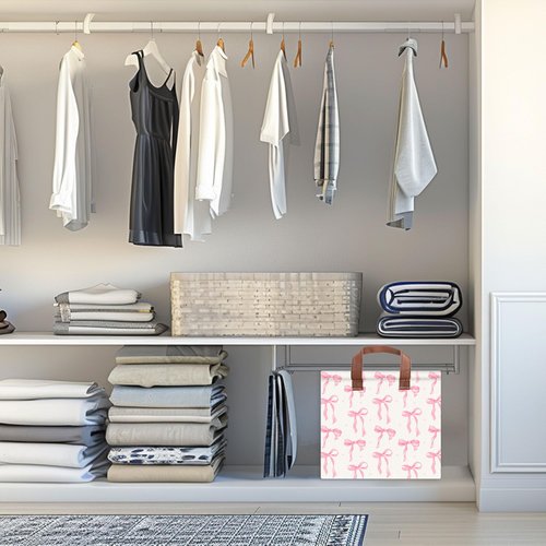 Pink Bow Storage Basket Waterproof Canvas Toy Storage Bin Coquette Room Decor Collapsible Outdoor Basket with Leather Handles Pink Bow Room Decor Blanket Baskets For Closets,Bedrooms,Gifts Baskets