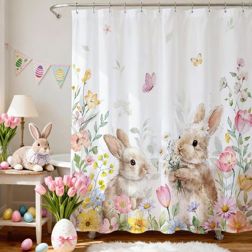 Mocsicka Spring Easter Shower Curtain Funny Cute Bunny Floral Bath Curtain Waterproof Spring Floral Wildflowers Shower Curtain for Bathroom Decor 72 X 72 Inch